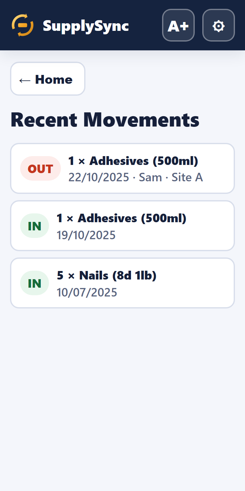 History screen: recent stock movements with in/out badges, dates, people and sites