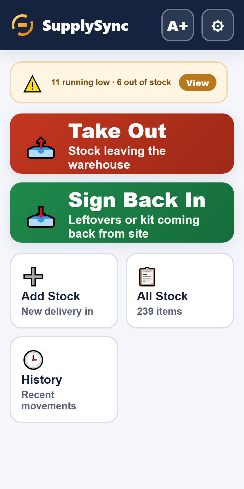 SupplySync home screen: Take Out and Sign Back In buttons, plus a low-stock badge