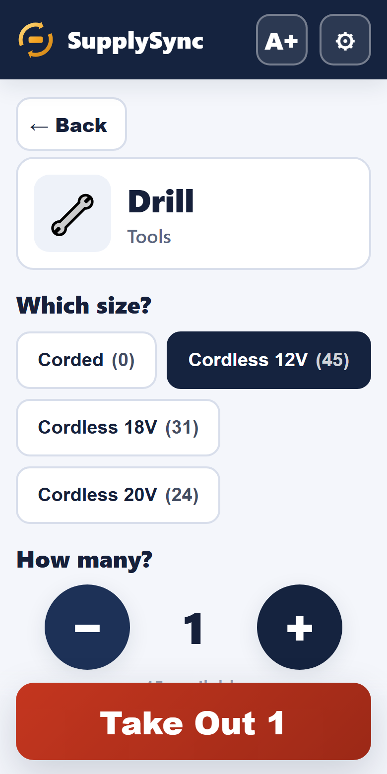 Quantity screen: size chips, giant plus/minus stepper and a Take Out confirm button