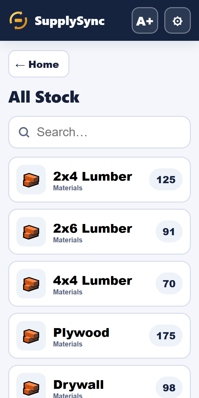 All Stock screen: full searchable inventory with quantity badges