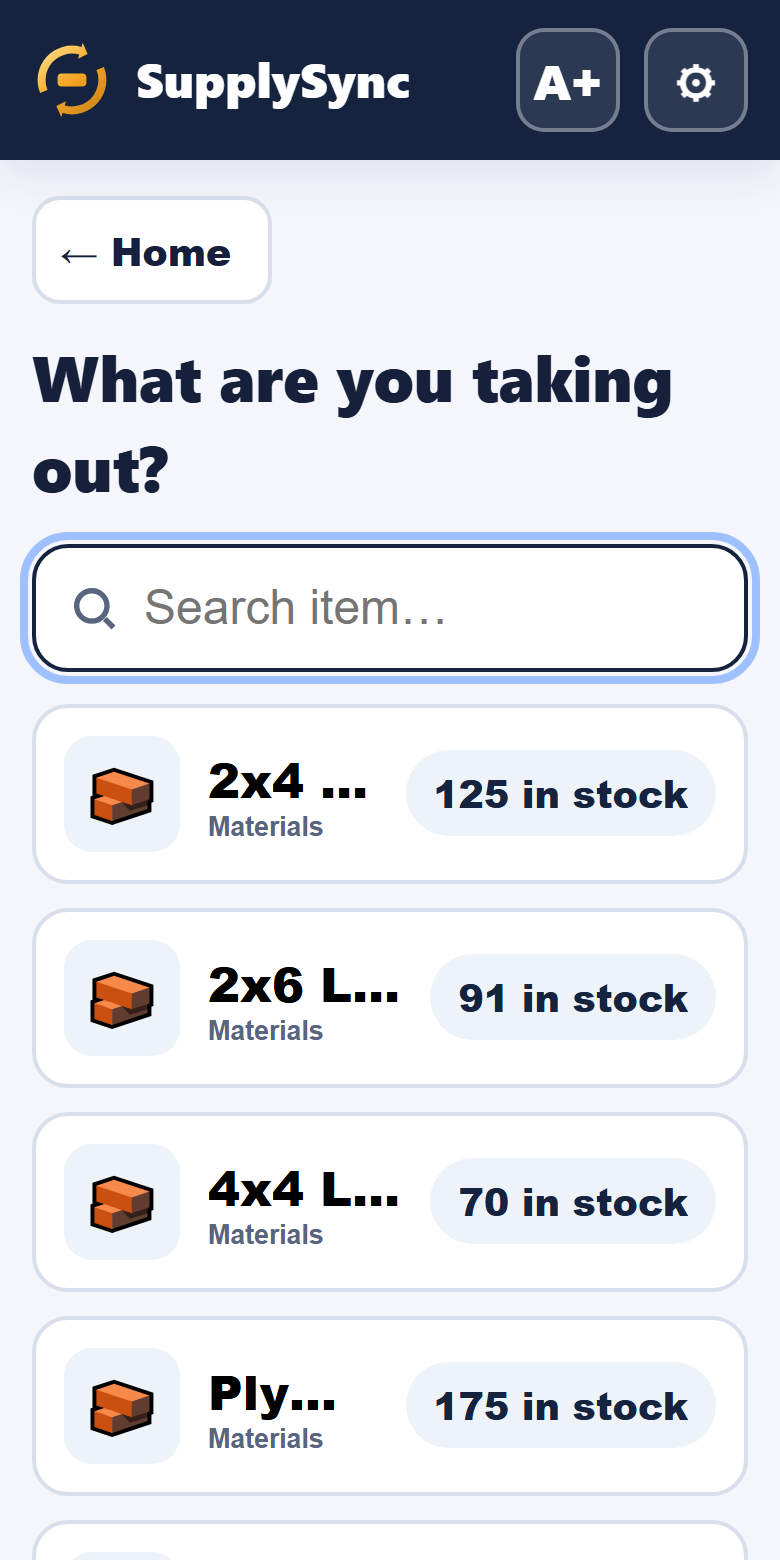 Take Out screen: searchable item list with photos and live stock counts